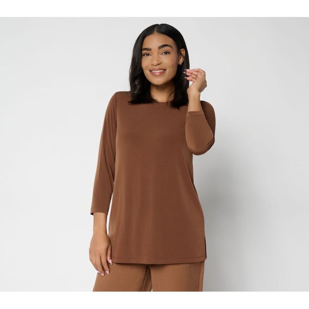 Susan Graver Women's Top Petite PXS Essentials Liquid Knit Tunic Brown